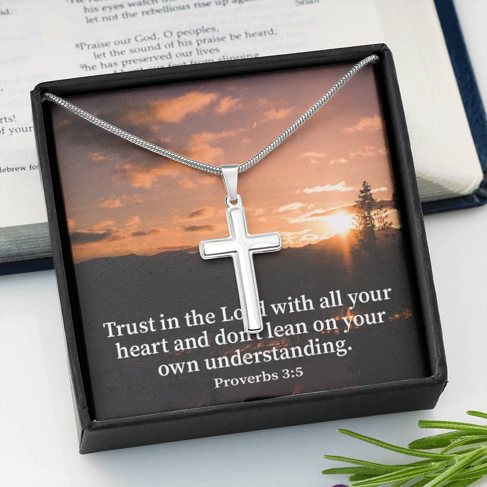 Scripture Card Trust In The Lord Proverbs 3:5 Cross Card Necklace w Stainless Steel Pendant Religious Gift-Express Your Love Gifts