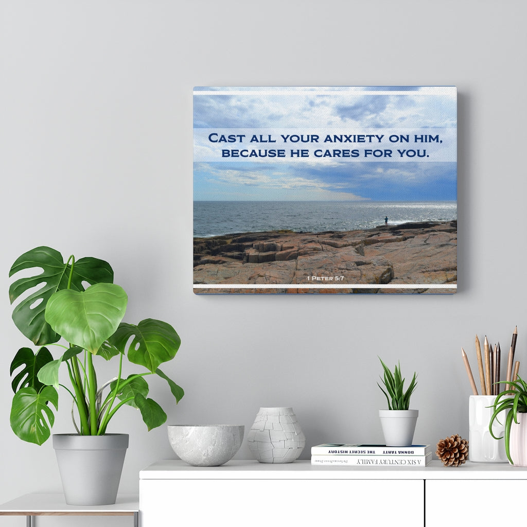 Because He Cares For You 1 Peter 5:7 Bible Verse Canvas Christian Wall Art Ready to Hang Unframed-Express Your Love Gifts
