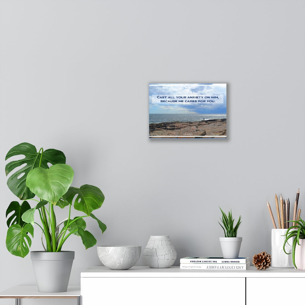 Because He Cares For You 1 Peter 5:7 Bible Verse Canvas Christian Wall Art Ready to Hang Unframed-Express Your Love Gifts