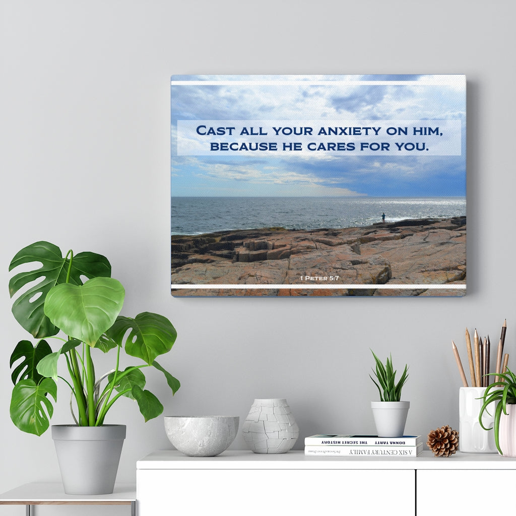 Because He Cares For You 1 Peter 5:7 Bible Verse Canvas Christian Wall Art Ready to Hang Unframed-Express Your Love Gifts