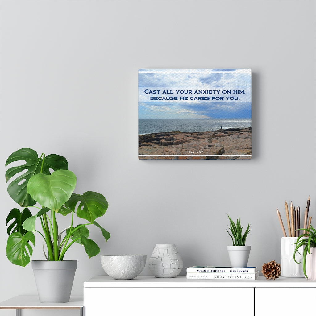 Because He Cares For You 1 Peter 5:7 Bible Verse Canvas Christian Wall Art Ready to Hang Unframed-Express Your Love Gifts