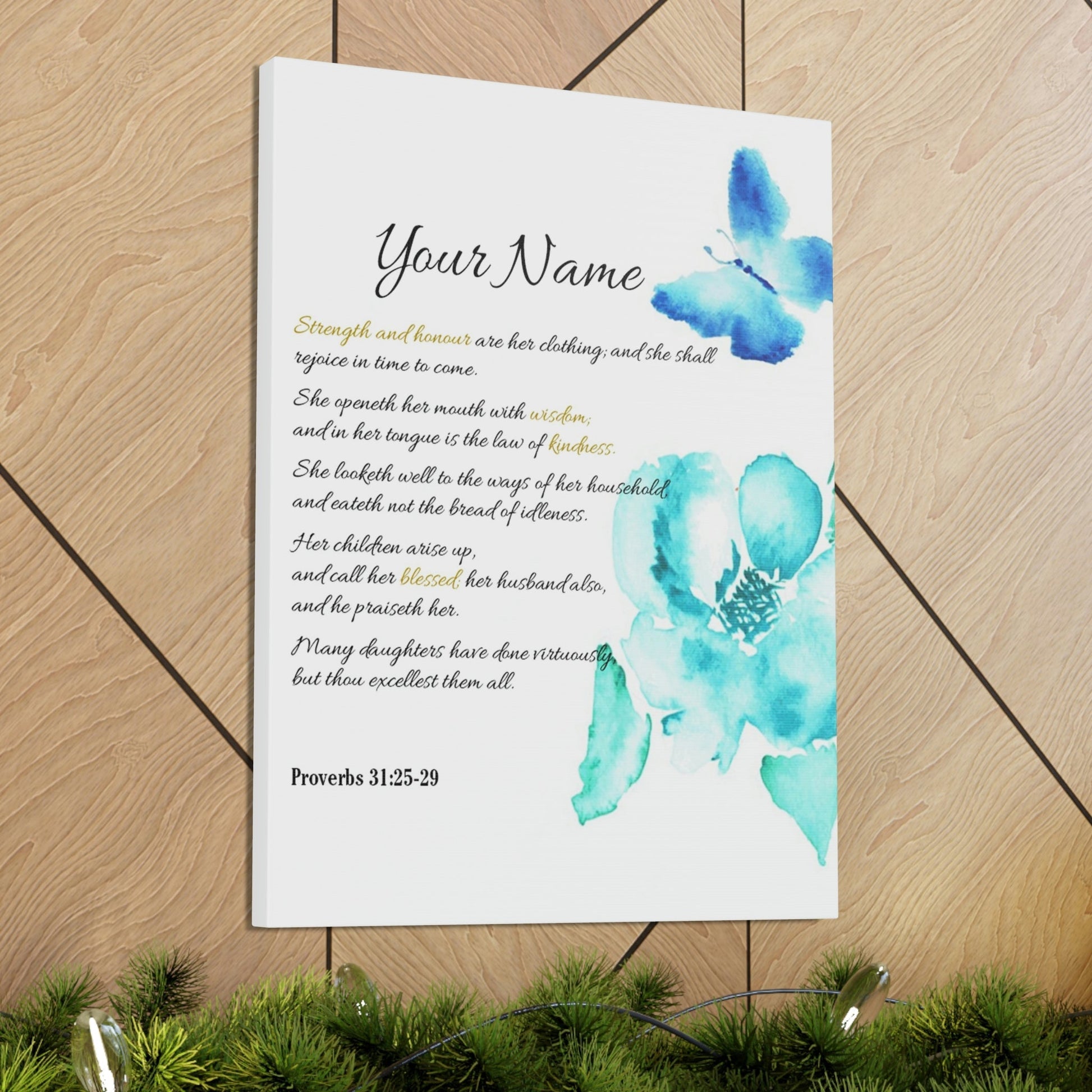 Scripture Walls Personalized She is Strong Proverbs 31:25-29 Bible Verse Canvas Christian Wall Art Ready to Hang Unframed-Express Your Love Gifts