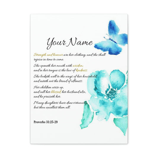 Scripture Walls Personalized She is Strong Proverbs 31:25-29 Bible Verse Canvas Christian Wall Art Ready to Hang Unframed-Express Your Love Gifts
