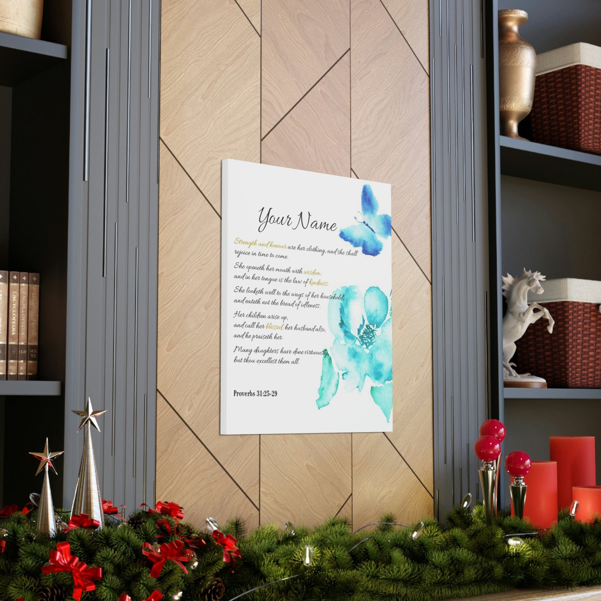 Scripture Walls Personalized She is Strong Proverbs 31:25-29 Bible Verse Canvas Christian Wall Art Ready to Hang Unframed-Express Your Love Gifts