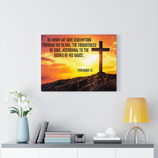 Scripture Walls Though His Death Ephesians 1:7 Bible Verse Canvas Christian Wall Art Ready to Hang Unframed-Express Your Love Gifts