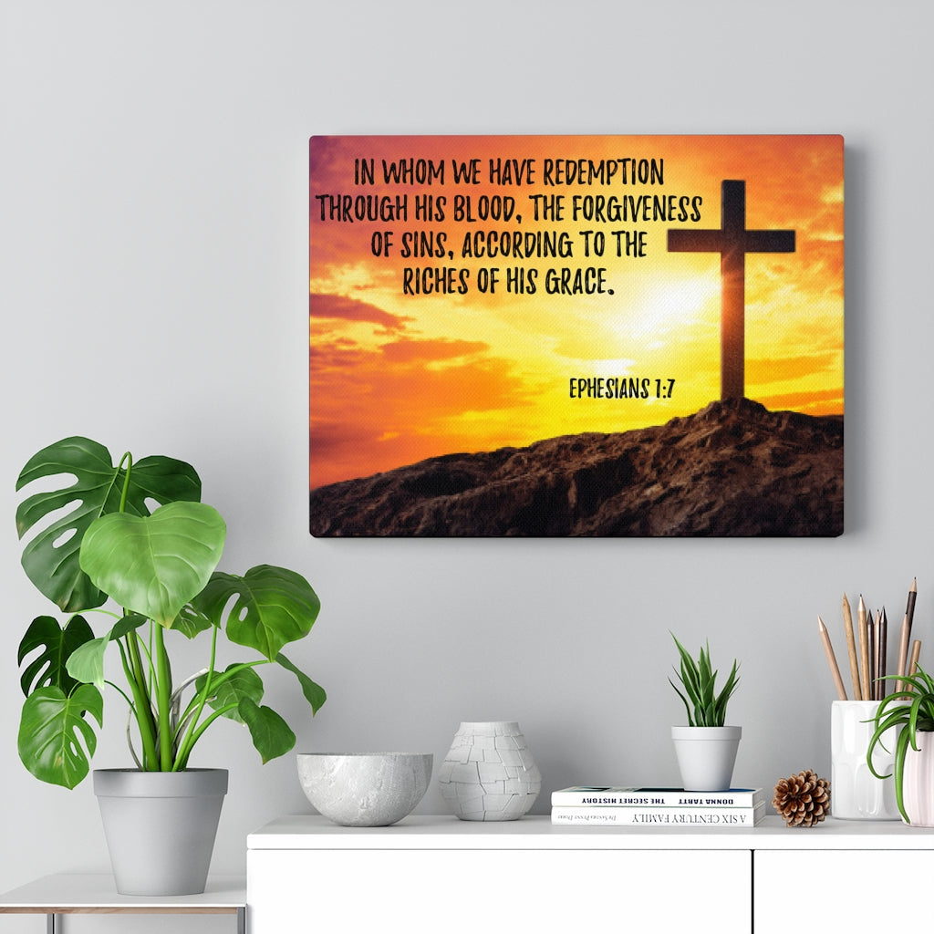 Scripture Walls Though His Death Ephesians 1:7 Bible Verse Canvas Christian Wall Art Ready to Hang Unframed-Express Your Love Gifts