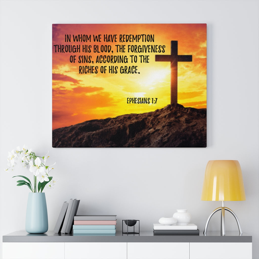 Scripture Walls Though His Death Ephesians 1:7 Bible Verse Canvas Christian Wall Art Ready to Hang Unframed-Express Your Love Gifts