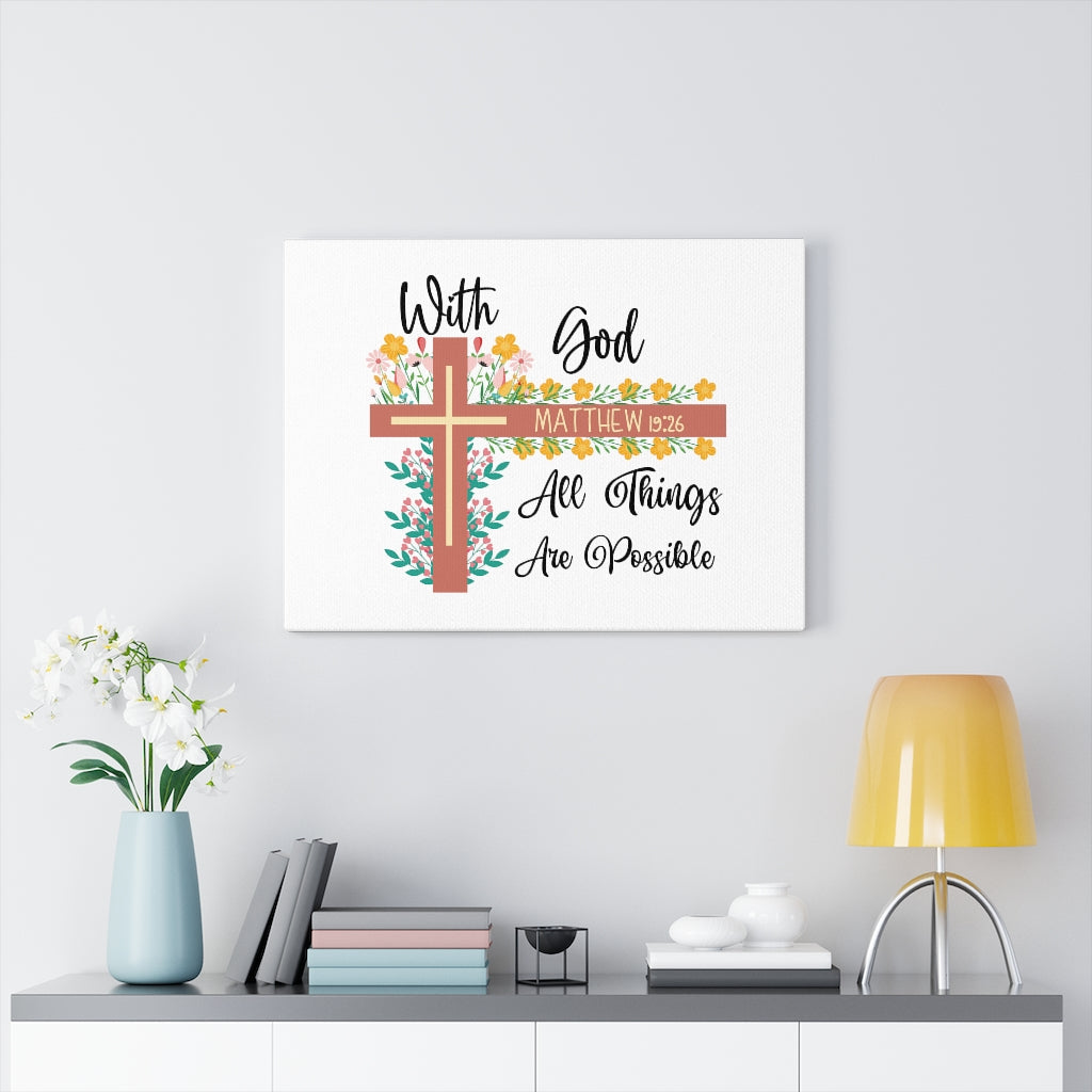 With God Matthew 19:26 Flower Cross Bible Verse Canvas Christian Wall Art Ready to Hang Unframed-Express Your Love Gifts