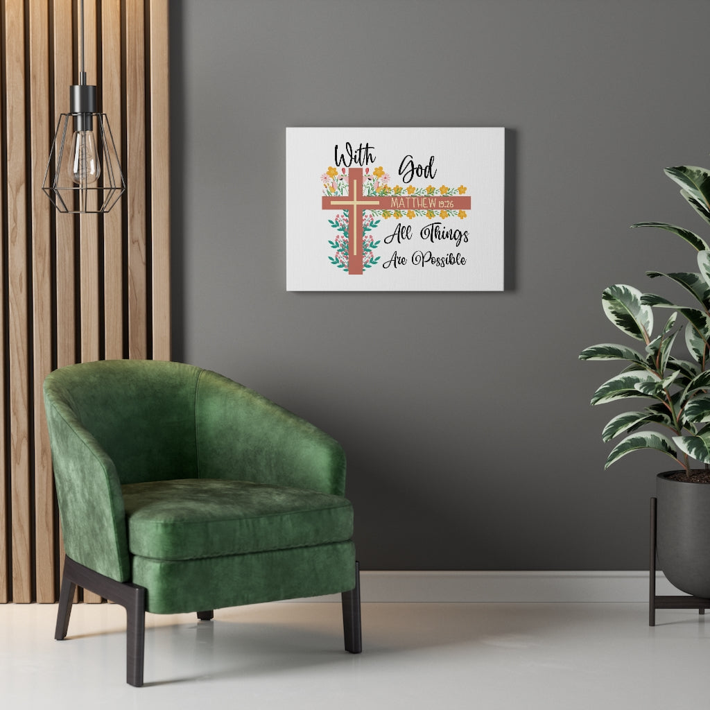 With God Matthew 19:26 Flower Cross Bible Verse Canvas Christian Wall Art Ready to Hang Unframed-Express Your Love Gifts