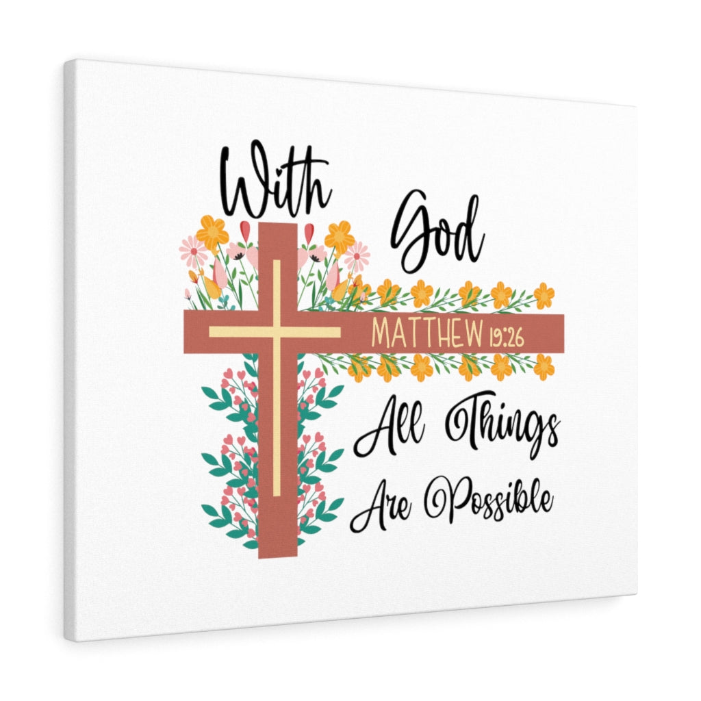 With God Matthew 19:26 Flower Cross Bible Verse Canvas Christian Wall Art Ready to Hang Unframed-Express Your Love Gifts
