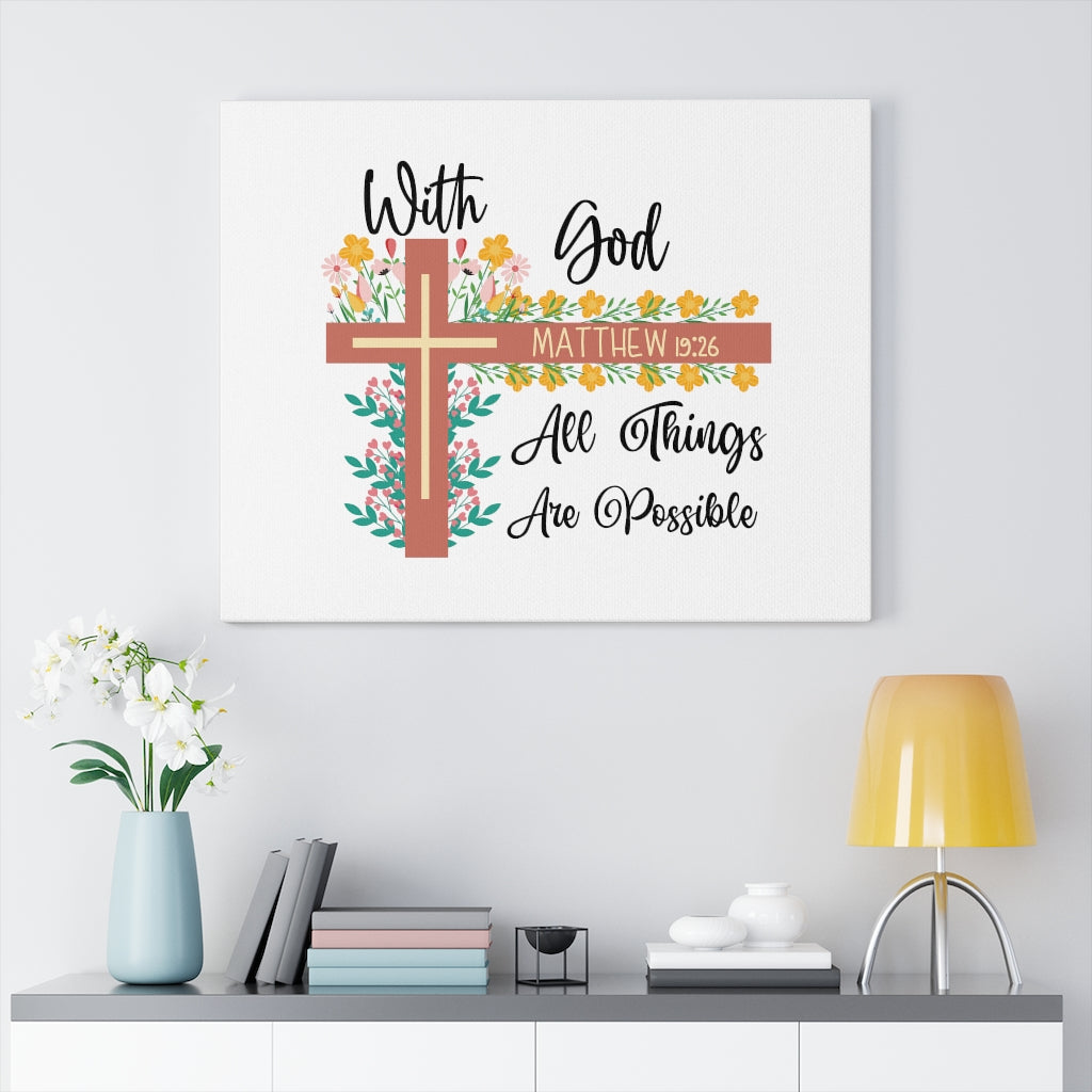 With God Matthew 19:26 Flower Cross Bible Verse Canvas Christian Wall Art Ready to Hang Unframed-Express Your Love Gifts