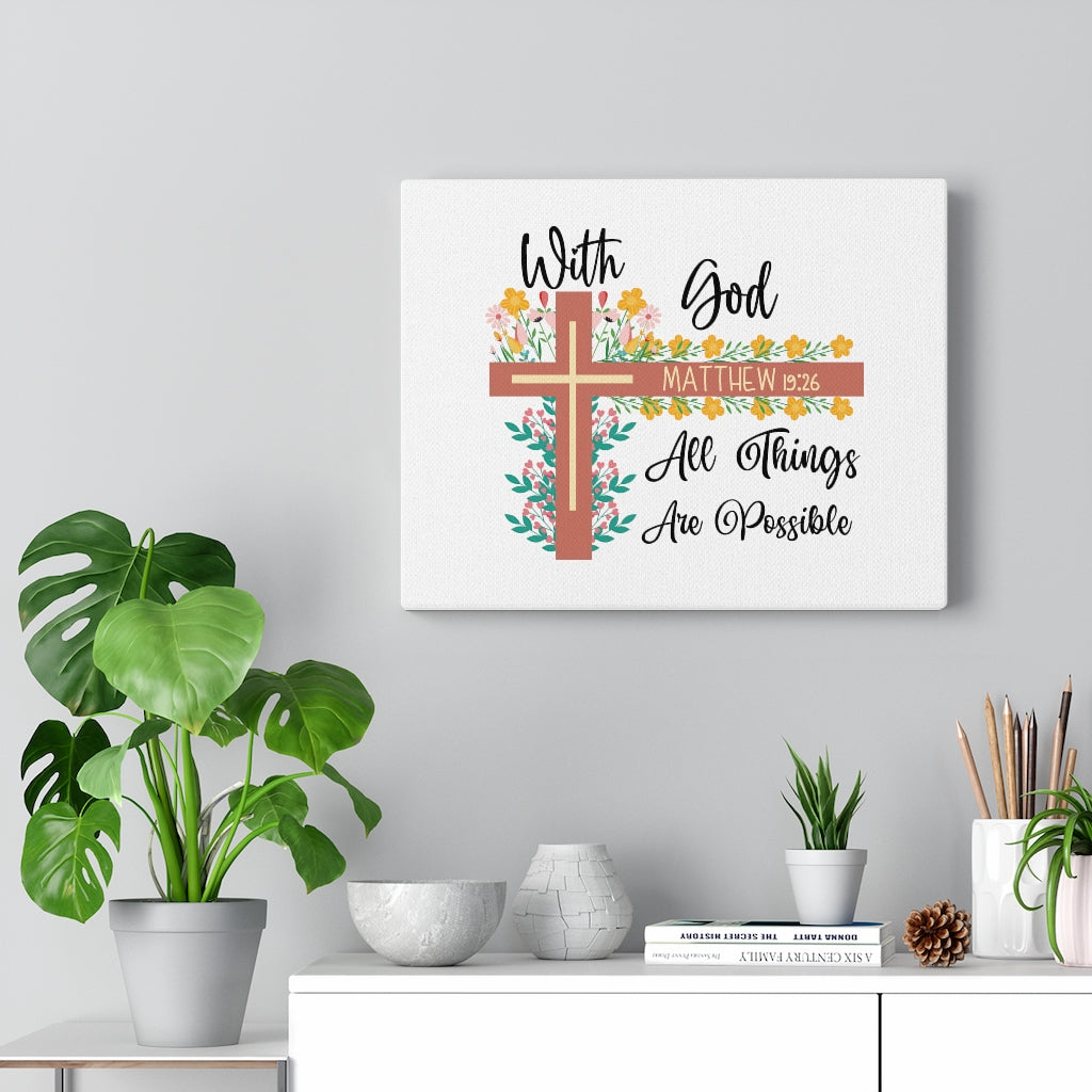With God Matthew 19:26 Flower Cross Bible Verse Canvas Christian Wall Art Ready to Hang Unframed-Express Your Love Gifts