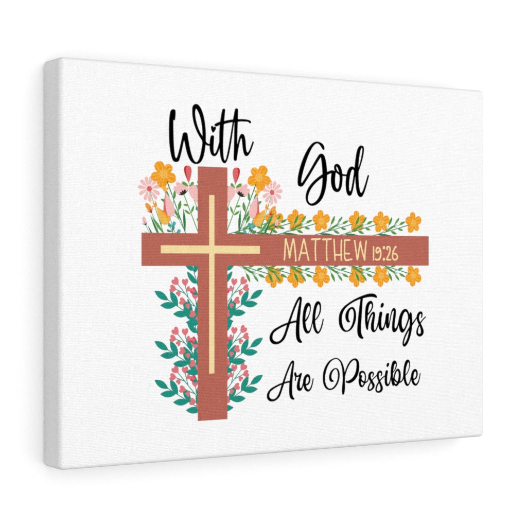 With God Matthew 19:26 Flower Cross Bible Verse Canvas Christian Wall Art Ready to Hang Unframed-Express Your Love Gifts