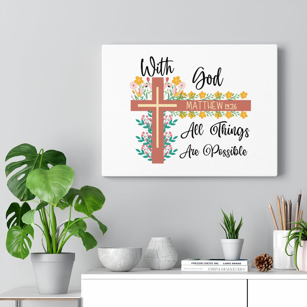 With God Matthew 19:26 Flower Cross Bible Verse Canvas Christian Wall Art Ready to Hang Unframed-Express Your Love Gifts