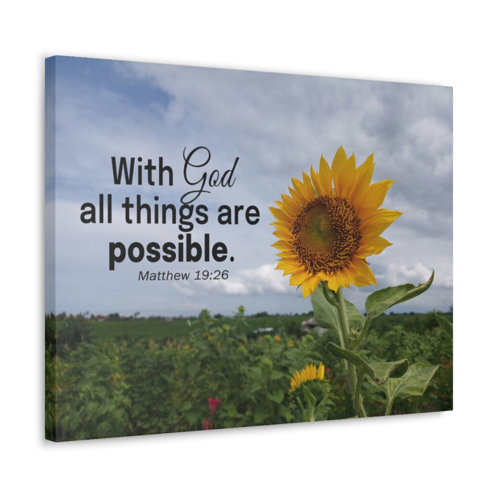 With God Matthew 19:26 Sunflower Bible Verse Canvas Christian Wall Art Ready to Hang Unframed-Express Your Love Gifts