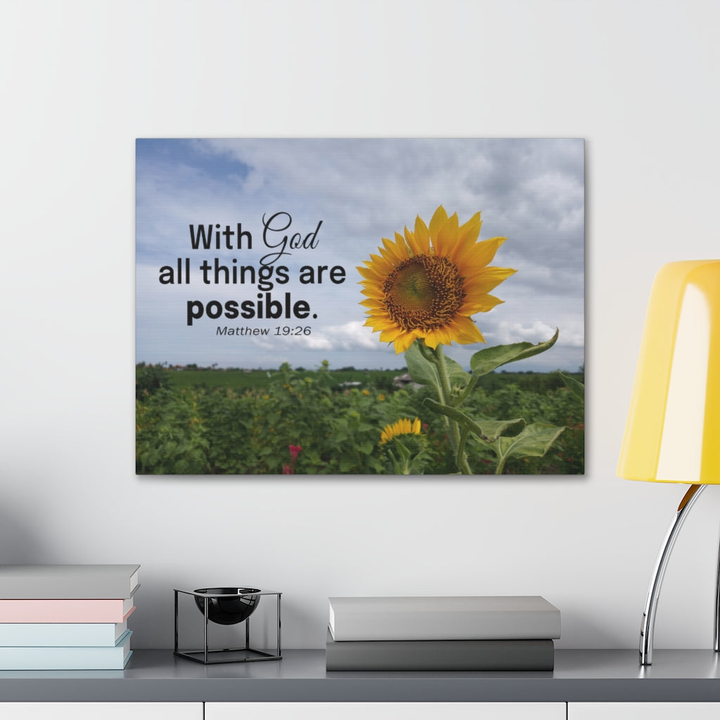 With God Matthew 19:26 Sunflower Bible Verse Canvas Christian Wall Art Ready to Hang Unframed-Express Your Love Gifts
