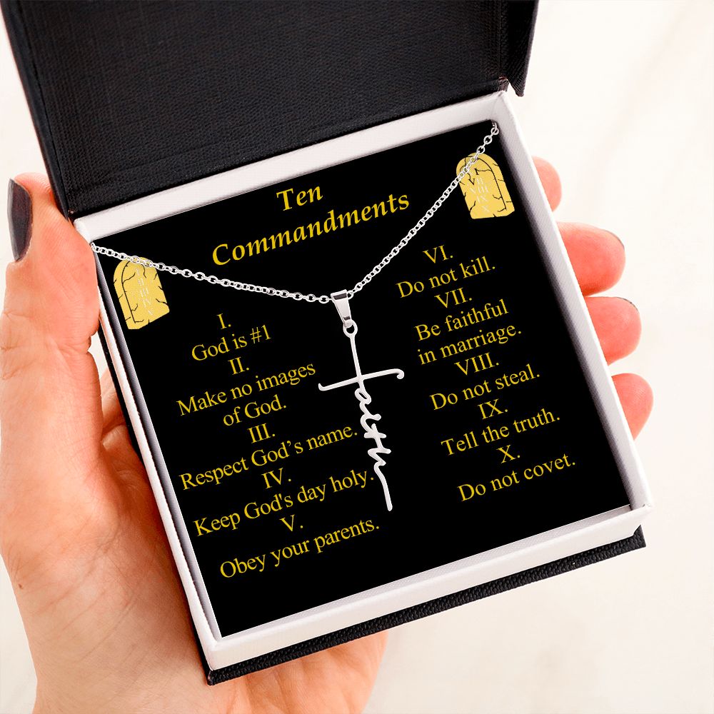 Ten Commandments Faith Cross Necklace w Inspirational Bible Message Card-Express Your Love Gifts