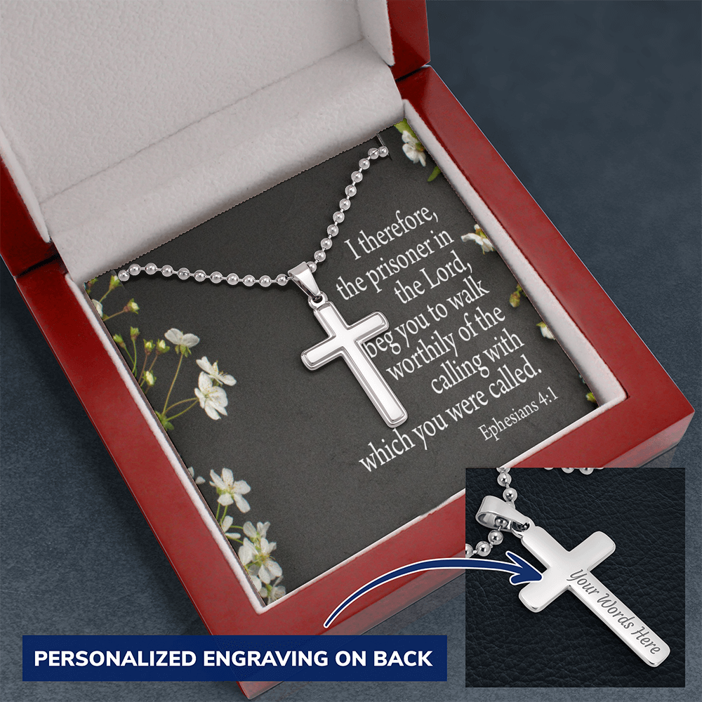 The Prisoner In The Lord Ephesians 4:1 Cross Necklace Message Card W Ball Chain Pendant-Express Your Love Gifts