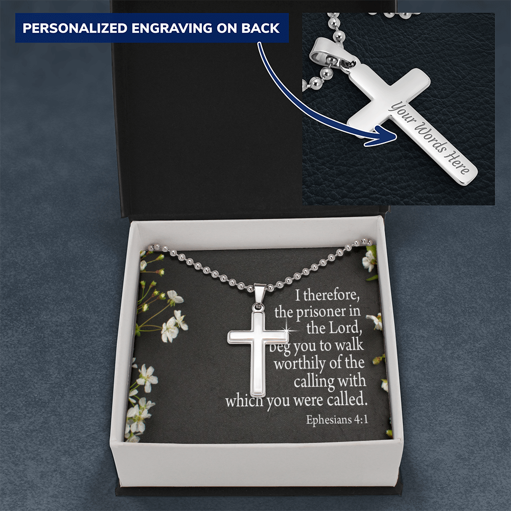 The Prisoner In The Lord Ephesians 4:1 Cross Necklace Message Card W Ball Chain Pendant-Express Your Love Gifts