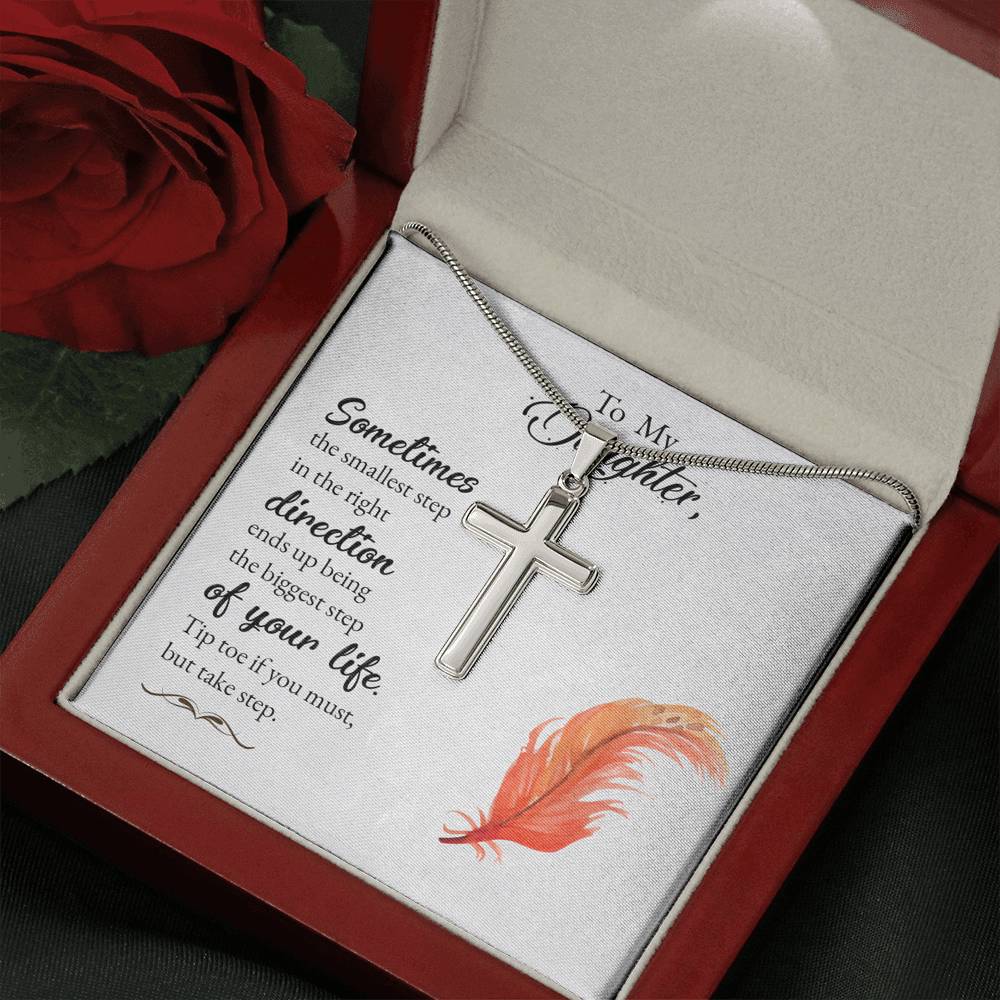 To My Daughter Smallest Step Cross Card Necklace w Stainless Steel Pendant-Express Your Love Gifts