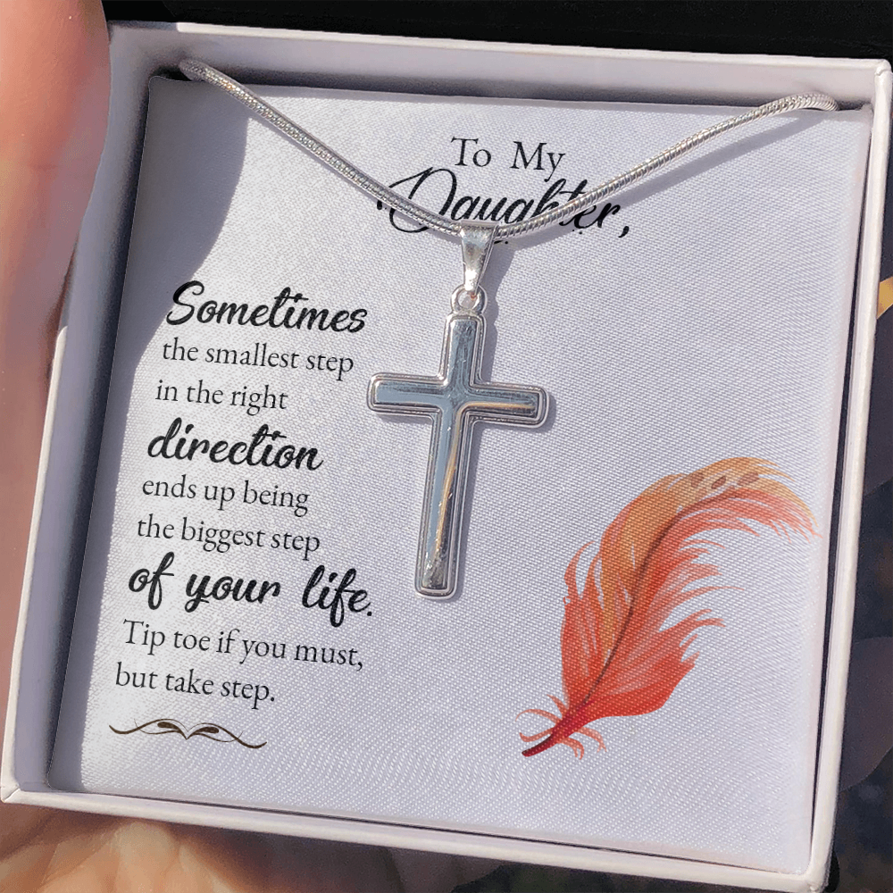 To My Daughter Smallest Step Cross Card Necklace w Stainless Steel Pendant-Express Your Love Gifts