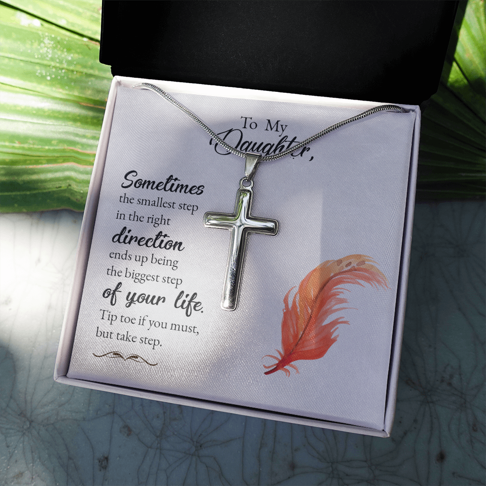 To My Daughter Smallest Step Cross Card Necklace w Stainless Steel Pendant-Express Your Love Gifts