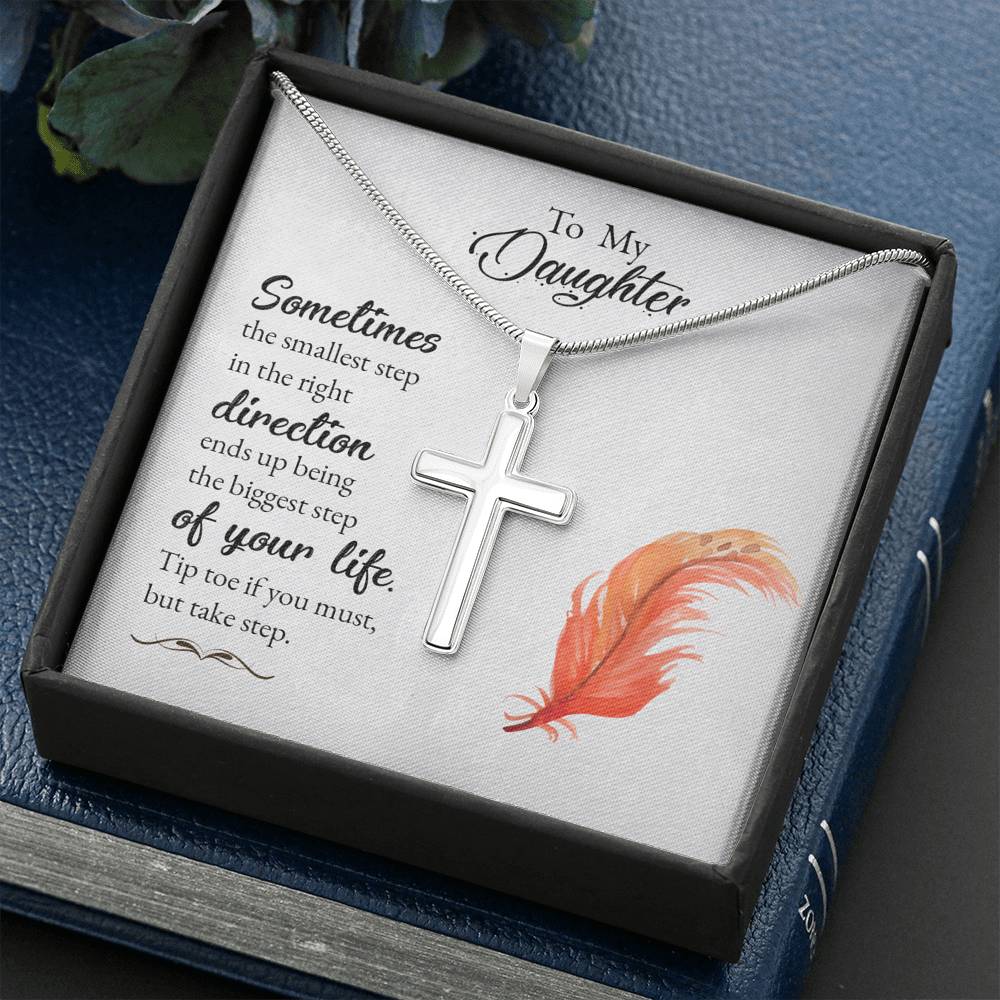 To My Daughter Smallest Step Cross Card Necklace w Stainless Steel Pendant-Express Your Love Gifts