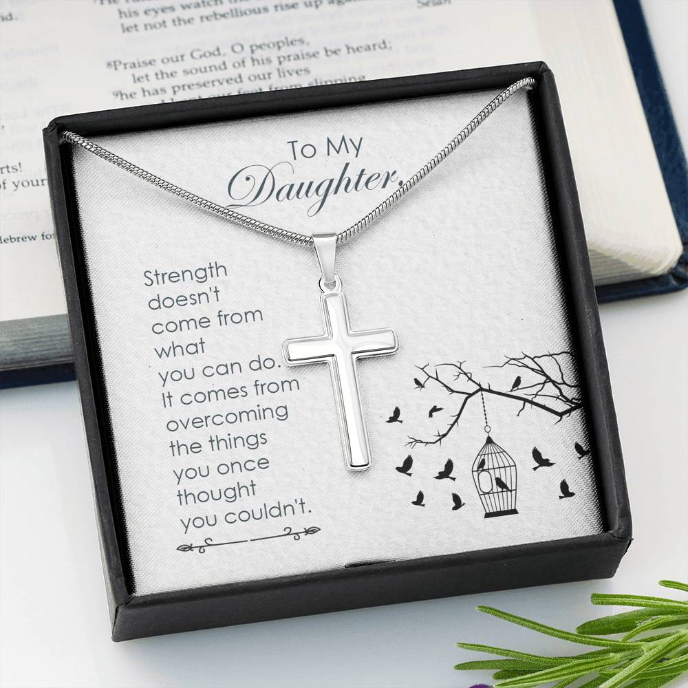 To My Daughter Strength Cross Card Necklace w Stainless Steel Pendant-Express Your Love Gifts