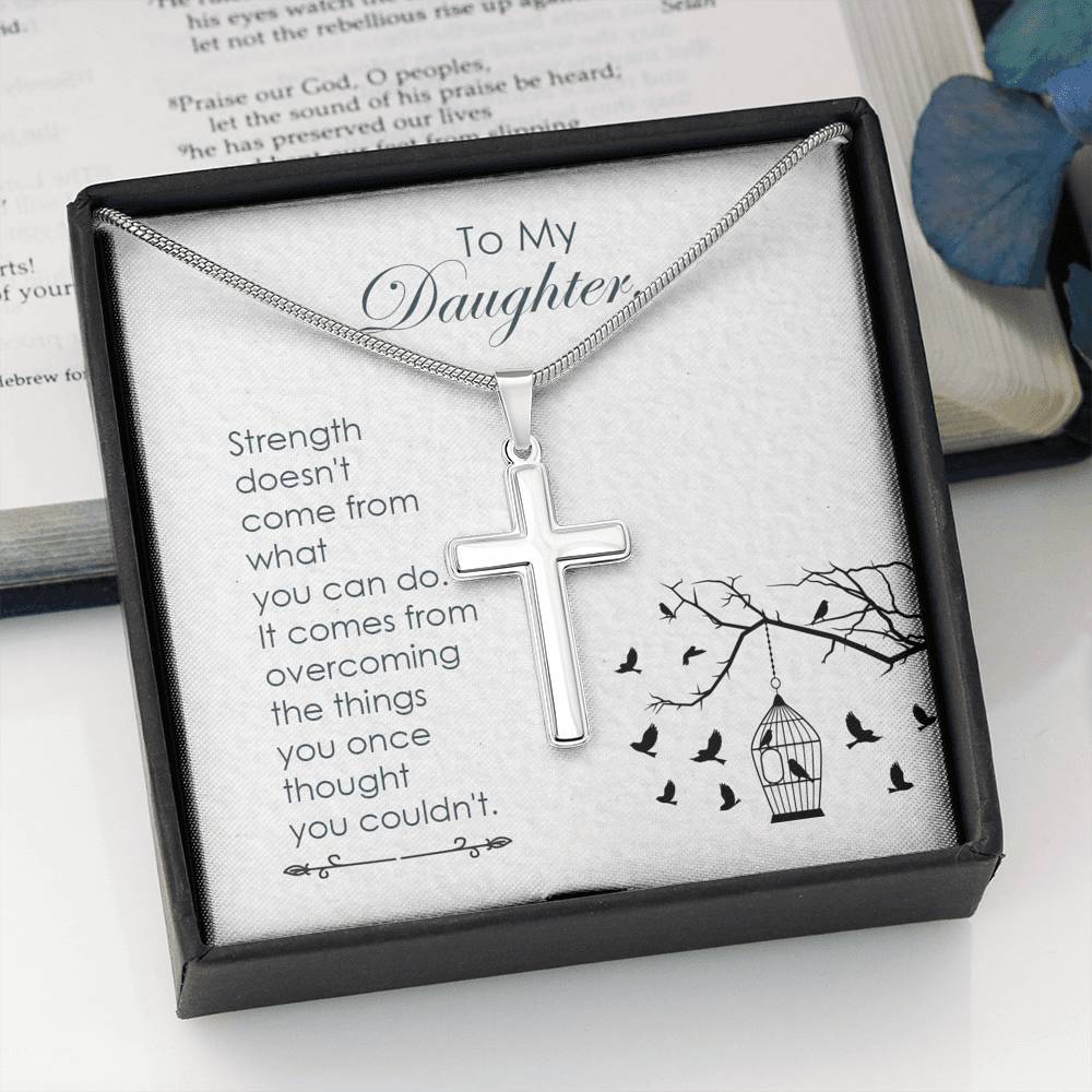 To My Daughter Strength Cross Card Necklace w Stainless Steel Pendant-Express Your Love Gifts