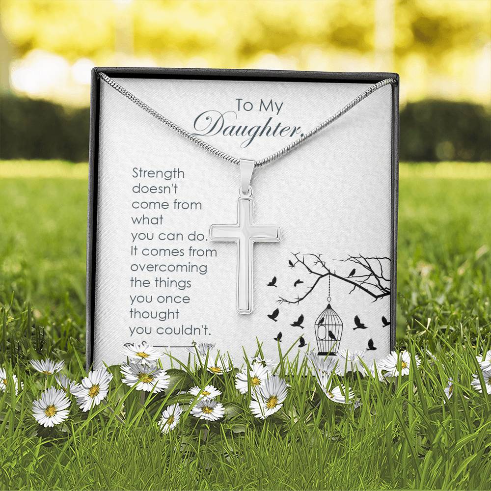 To My Daughter Strength Cross Card Necklace w Stainless Steel Pendant-Express Your Love Gifts