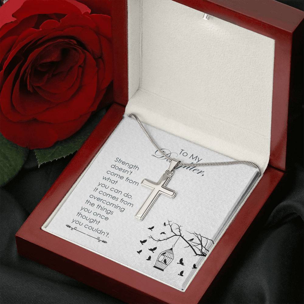 To My Daughter Strength Cross Card Necklace w Stainless Steel Pendant-Express Your Love Gifts