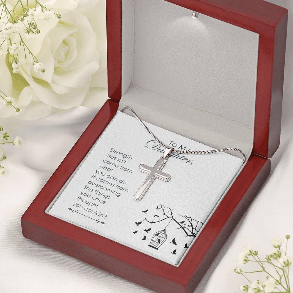 To My Daughter Strength Cross Card Necklace w Stainless Steel Pendant-Express Your Love Gifts