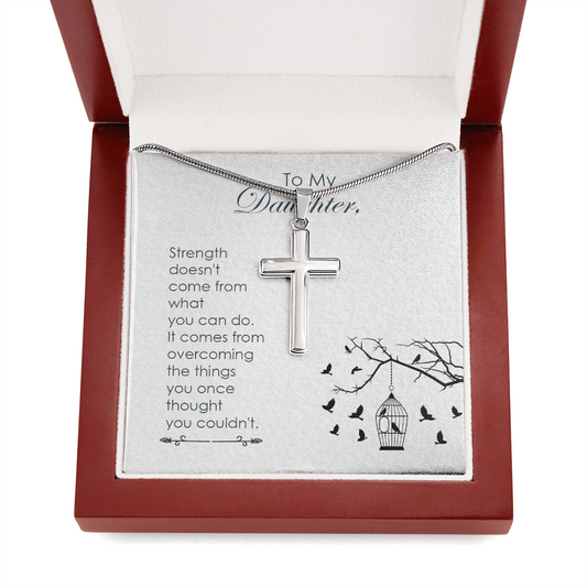 To My Daughter Strength Cross Card Necklace w Stainless Steel Pendant-Express Your Love Gifts