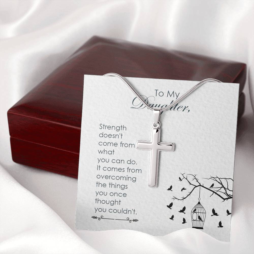 To My Daughter Strength Cross Card Necklace w Stainless Steel Pendant-Express Your Love Gifts