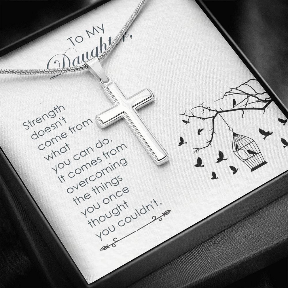 To My Daughter Strength Cross Card Necklace w Stainless Steel Pendant-Express Your Love Gifts
