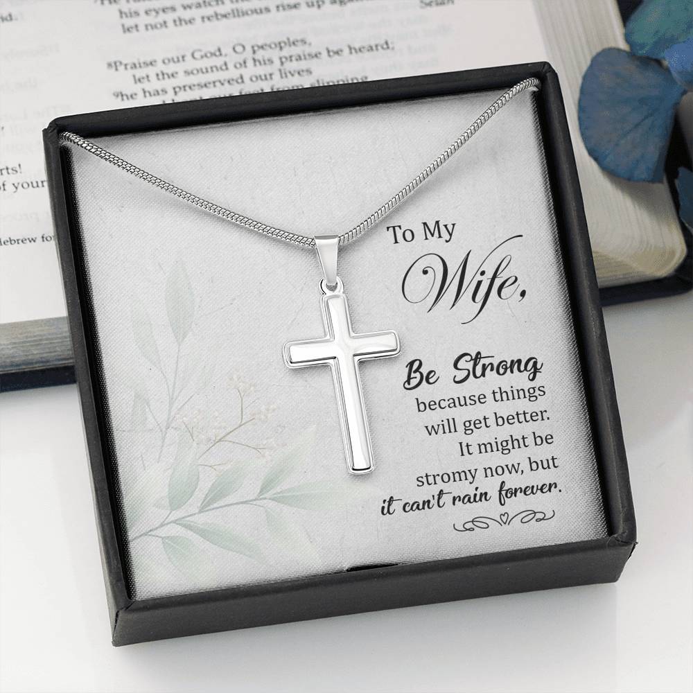 To My Wife Be Strong Cross Card Necklace w Stainless Steel Pendant-Express Your Love Gifts