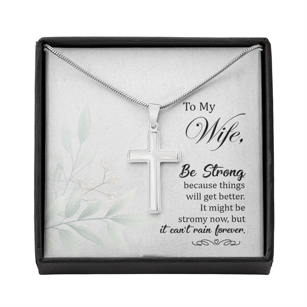 To My Wife Be Strong Cross Card Necklace w Stainless Steel Pendant-Express Your Love Gifts