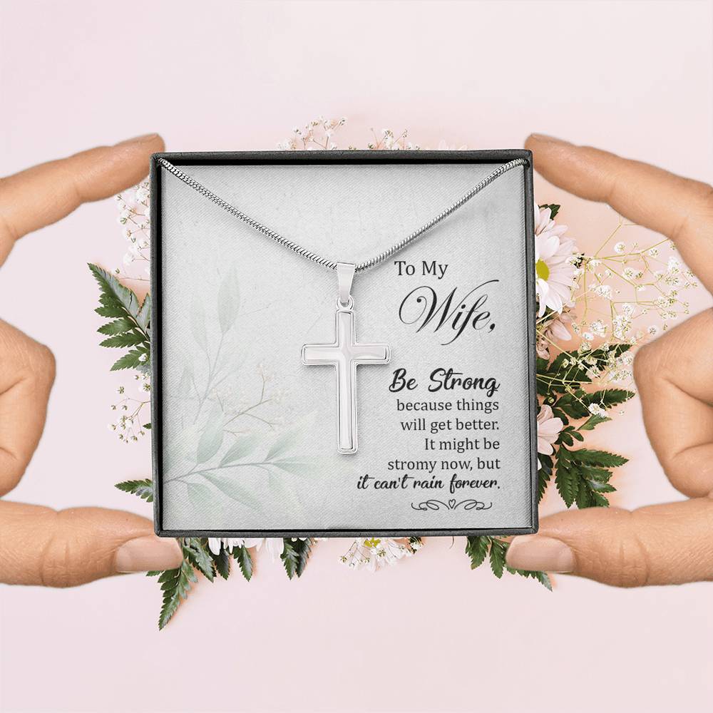 To My Wife Be Strong Cross Card Necklace w Stainless Steel Pendant-Express Your Love Gifts