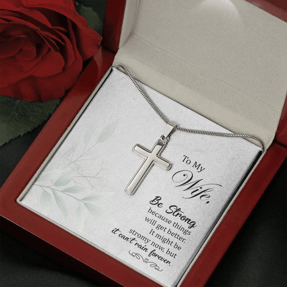 To My Wife Be Strong Cross Card Necklace w Stainless Steel Pendant-Express Your Love Gifts