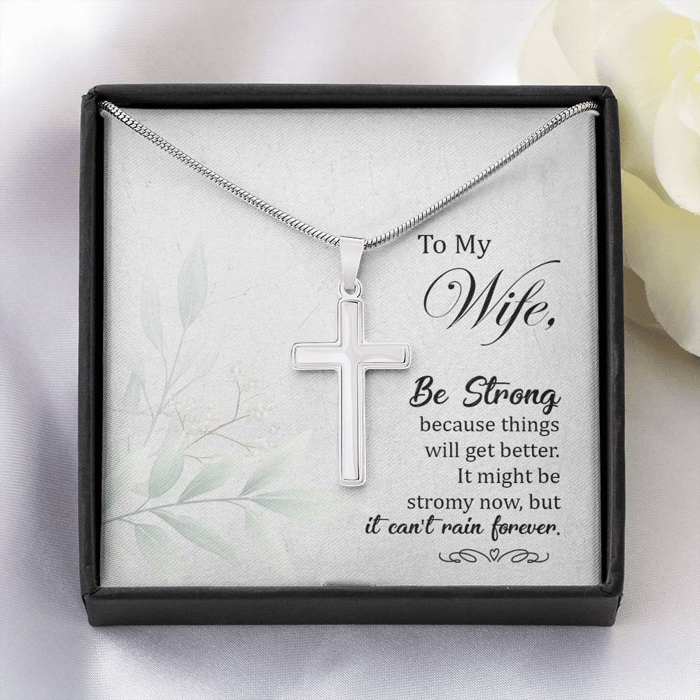 To My Wife Be Strong Cross Card Necklace w Stainless Steel Pendant-Express Your Love Gifts