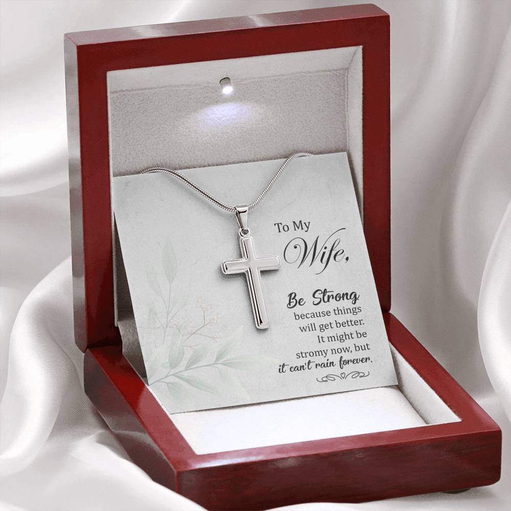 To My Wife Be Strong Cross Card Necklace w Stainless Steel Pendant-Express Your Love Gifts