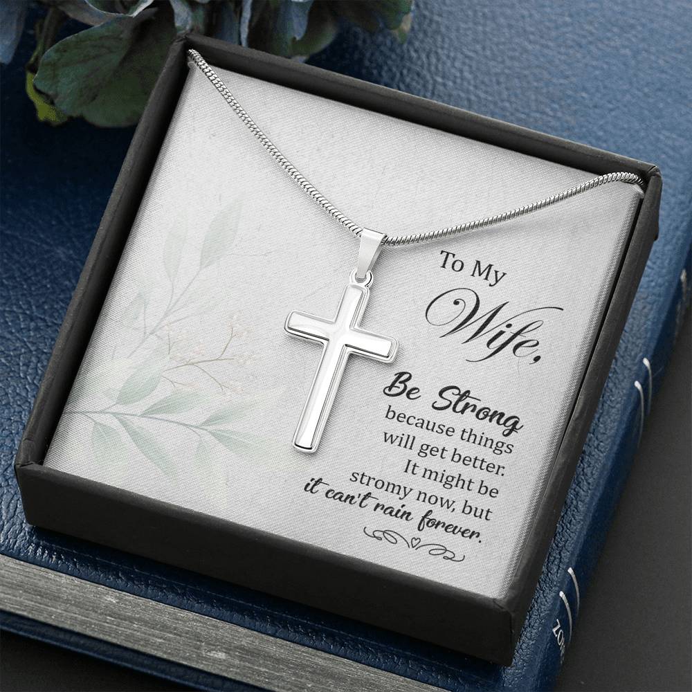 To My Wife Be Strong Cross Card Necklace w Stainless Steel Pendant-Express Your Love Gifts