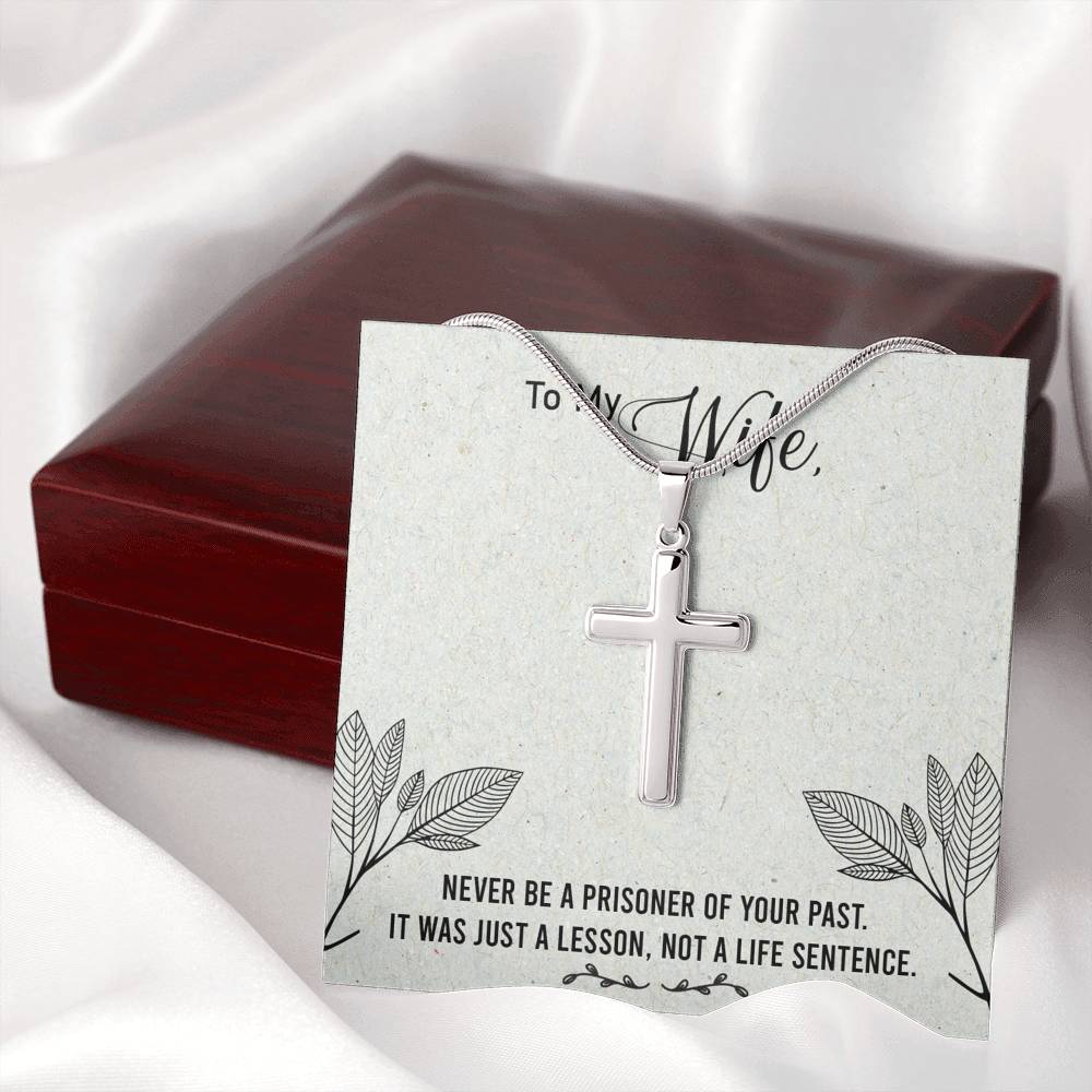 To My Wife Never Be a Prisoner Cross Card Necklace w Stainless Steel Pendant-Express Your Love Gifts
