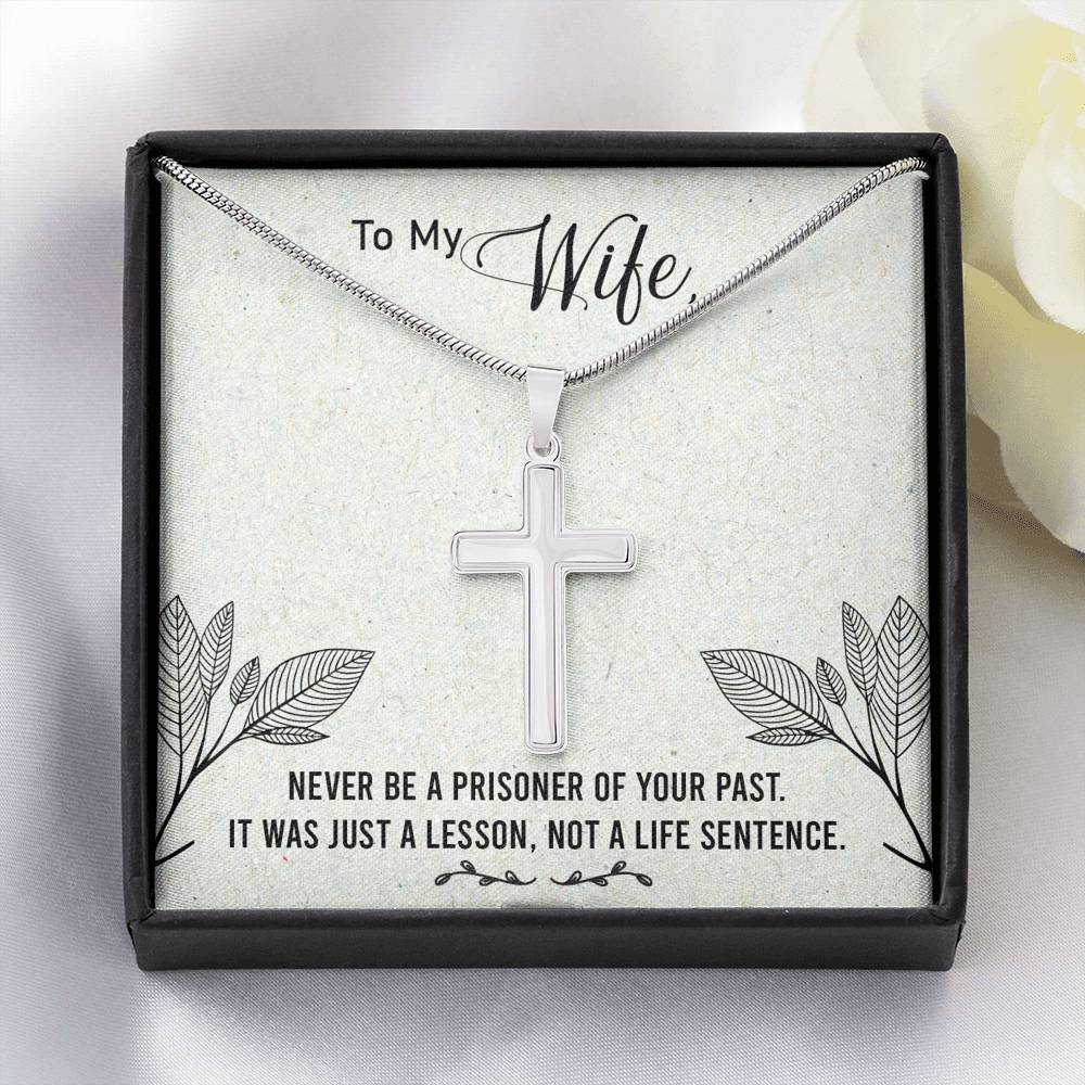 To My Wife Never Be a Prisoner Cross Card Necklace w Stainless Steel Pendant-Express Your Love Gifts