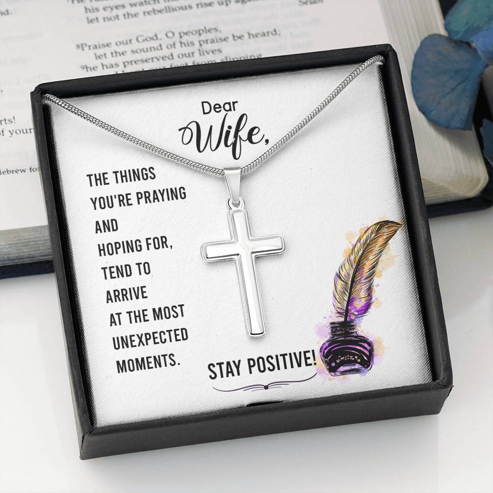 To My Wife Stay Positive Cross Card Necklace w Stainless Steel Pendant-Express Your Love Gifts