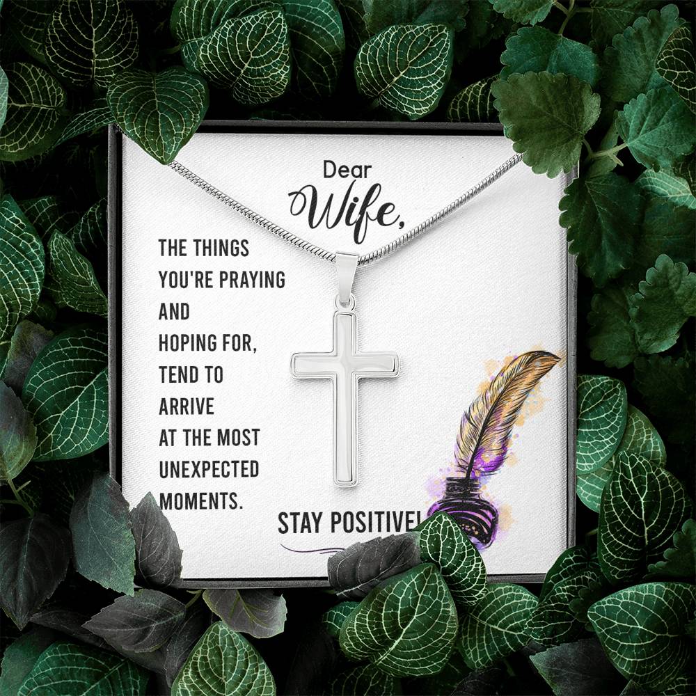 To My Wife Stay Positive Cross Card Necklace w Stainless Steel Pendant-Express Your Love Gifts