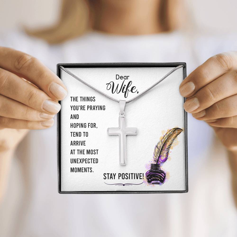 To My Wife Stay Positive Cross Card Necklace w Stainless Steel Pendant-Express Your Love Gifts