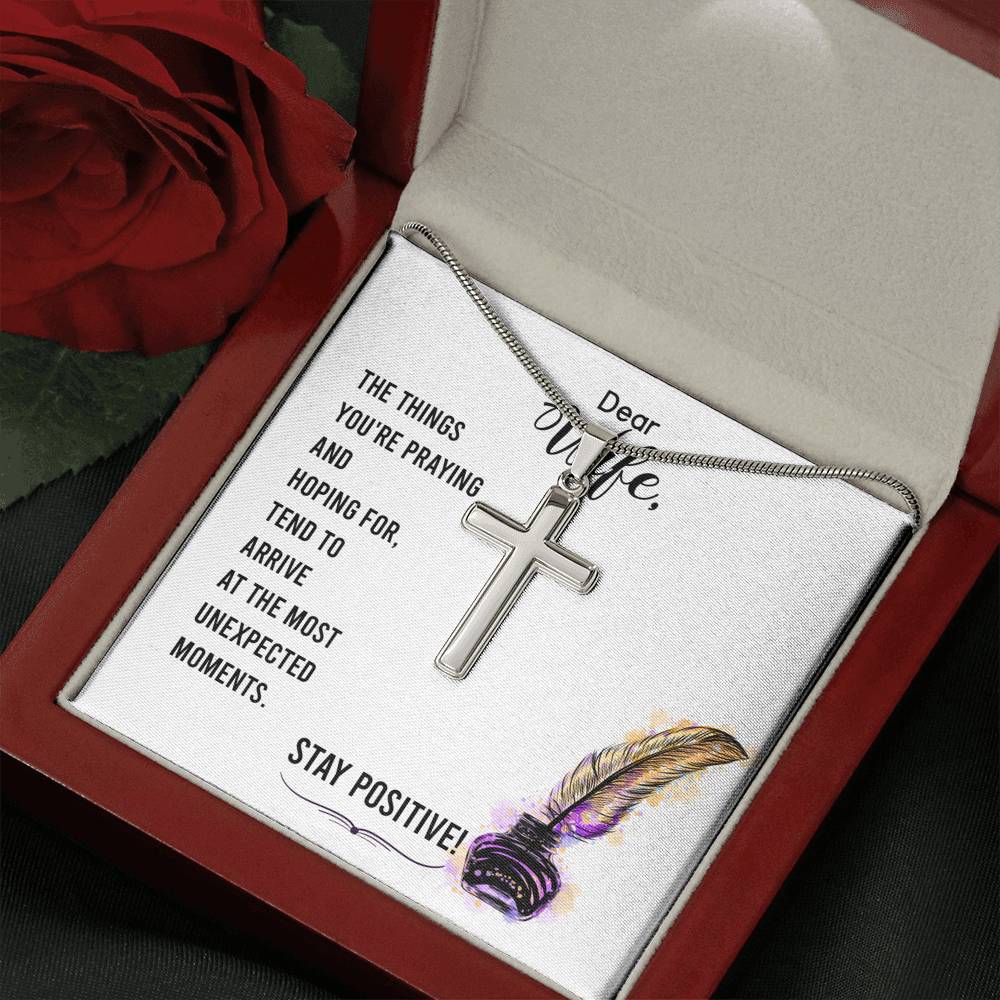 To My Wife Stay Positive Cross Card Necklace w Stainless Steel Pendant-Express Your Love Gifts