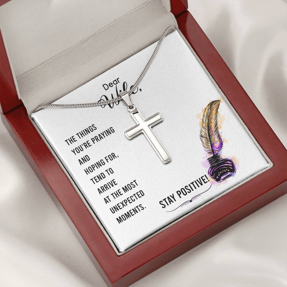 To My Wife Stay Positive Cross Card Necklace w Stainless Steel Pendant-Express Your Love Gifts
