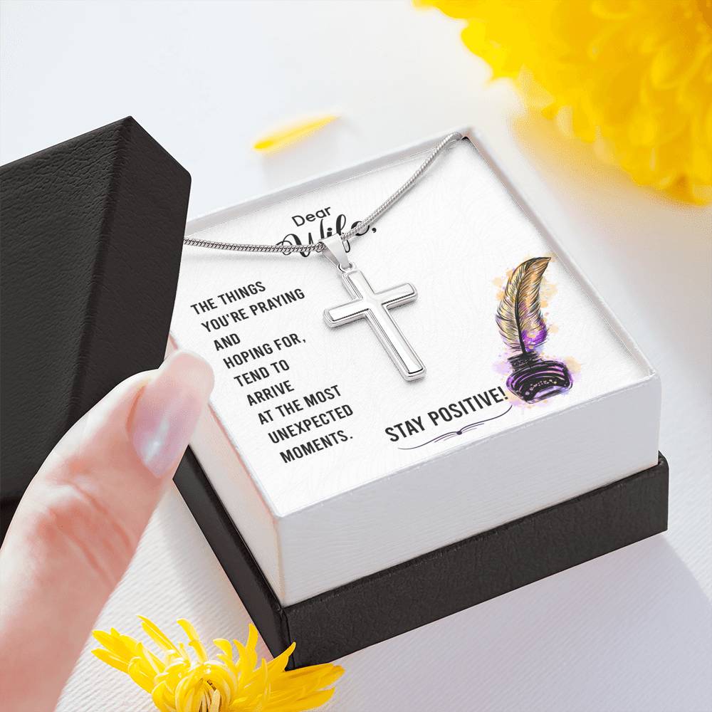 To My Wife Stay Positive Cross Card Necklace w Stainless Steel Pendant-Express Your Love Gifts